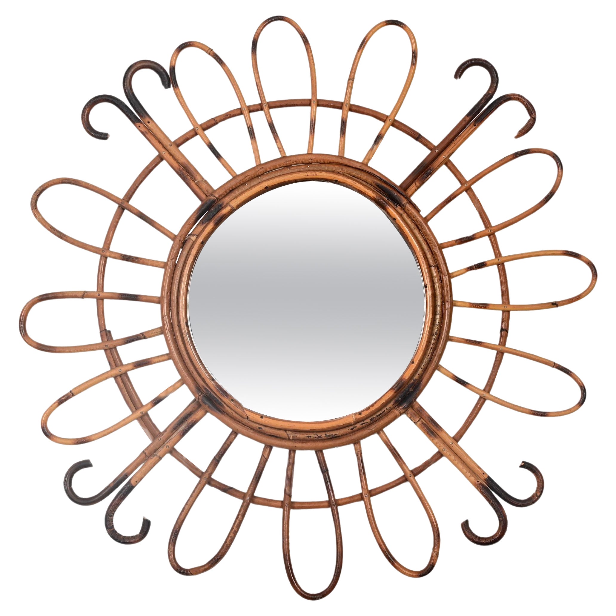 Mid-Century French Riviera Round Sunburst Mirror in Curved Rattan, France, 1970s