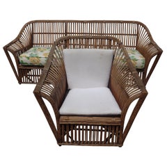 American Stick Wicker Sofa and Matching Lounge Chair, Circa 1930