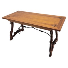 Antique Spanish Baroque Style Walnut Trestle Table With Forged Wrought Iron
