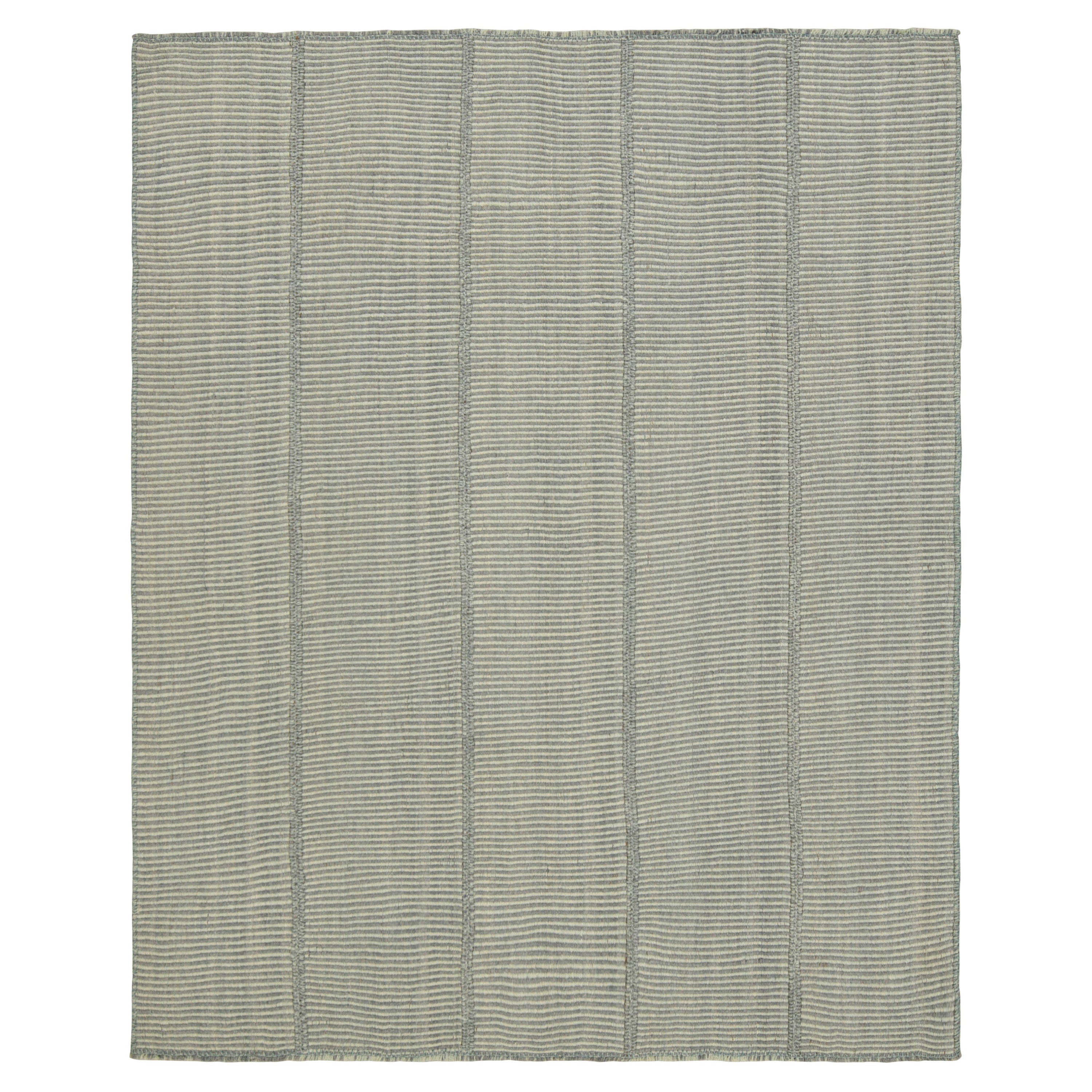 Rug & Kilim’s Contemporary Kilim in Blue and Gray Textural Stripes