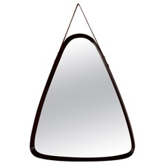 Italian Wall Mirror in Wood in Triangle Shape with Leather Strap, 1960s