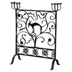 Antique 19th Century French Forged Iron Fireplace Screen with "Landiers" Bowl Holders