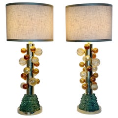 Late 20th Century Pair of Brass w/ Gold Balls & Green Murano Glass Table Lamps