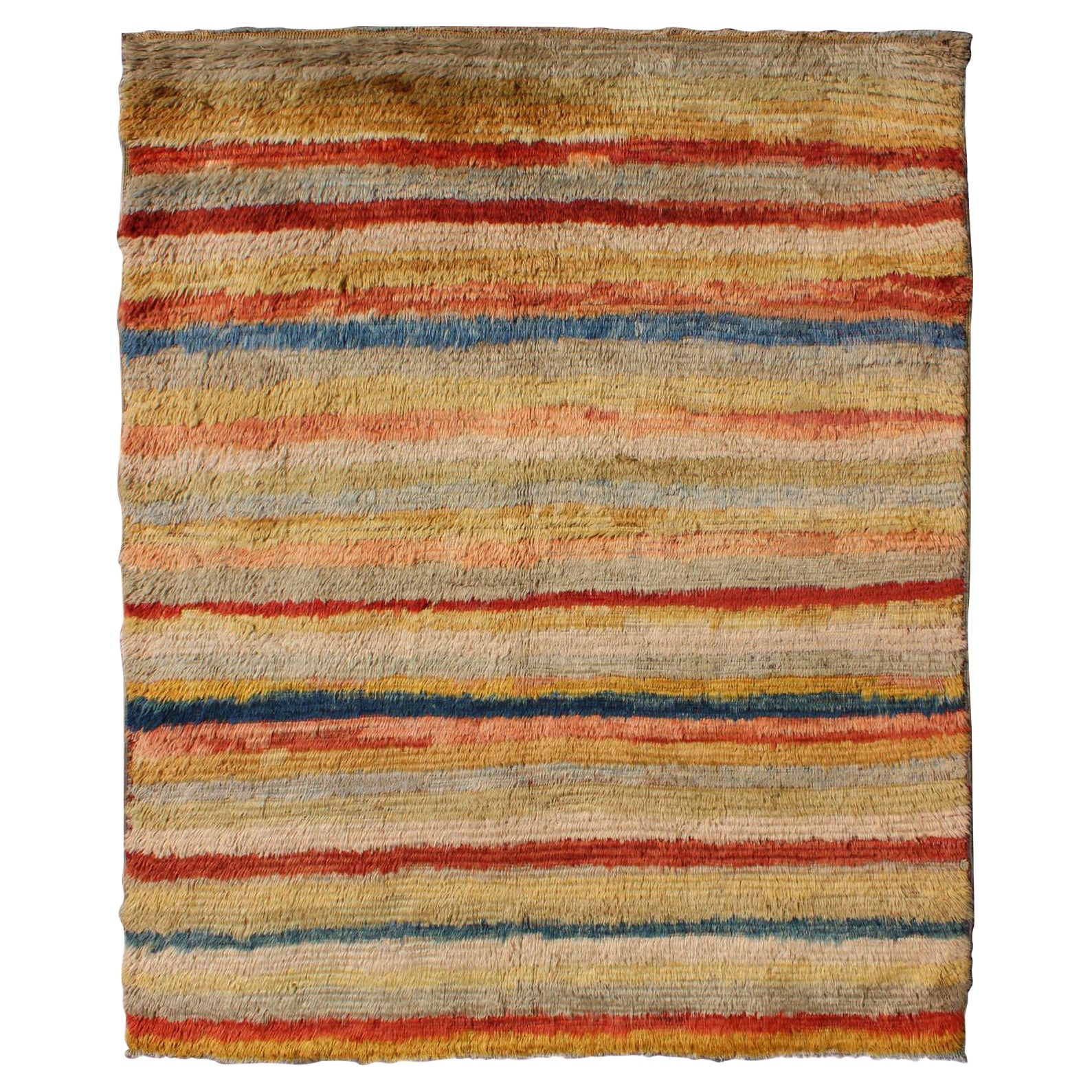 Vintage Turkish Angora Tulu Rug with Stripe Design in Yellow, Green, Red & Blue For Sale