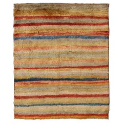 Türkischer Angora Tulu-Teppich mit gestreiftem Muster in Gelb, Grün, Rot und Blau