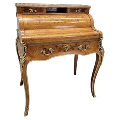 Antique French Louis XV Style Tulip & Rosewood Marquetry Roll-Top Writing Desk