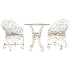 Used Victorian Style White Wirework Pair of Chairs and Cafe Table, France 1960