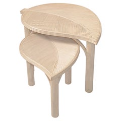 Retro Hollywood Regency Two Decorative Leaf Shaped Bamboo and Pencil Reed Side Tables