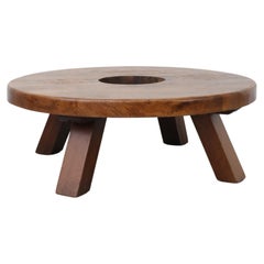 Pierre Chapo Inspired Solid Oak Brutalist Coffee Table with Center Cut-Out