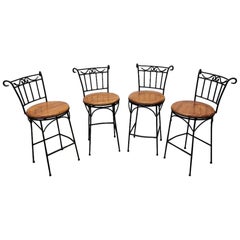 French Country Style Wrought-Iron and Wood Swivel Bar Stools - Set of 4