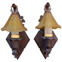 Antique Pair of 1920s Spanish Revival Sconces with Glass Shades