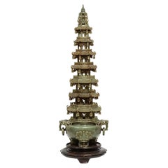 Antique Monumental Chinese Green Translucent Serpentine Jade Carved Pagoda Censer