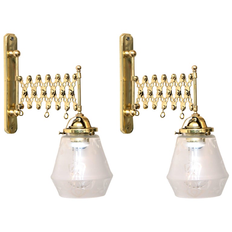 Two Art Deco Extendable Wall Lamps with Original Glass at 1stDibs
