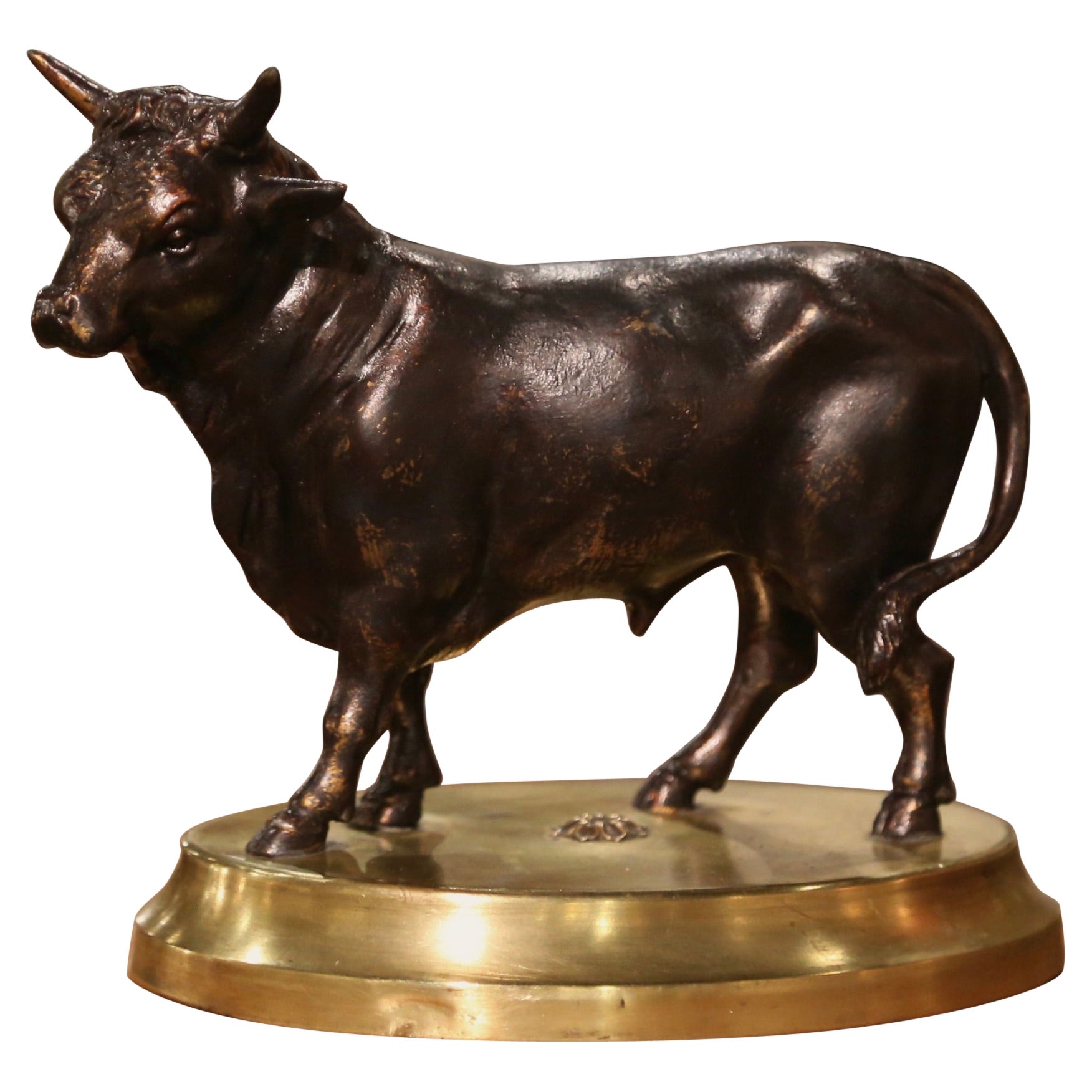 19th Century French Patinated Bronze Bull Sculpture on Oval Brass Base
