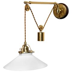Art Deco Adjustable 'Telescope' Brass Wall Lamp with Opal Glass Shade