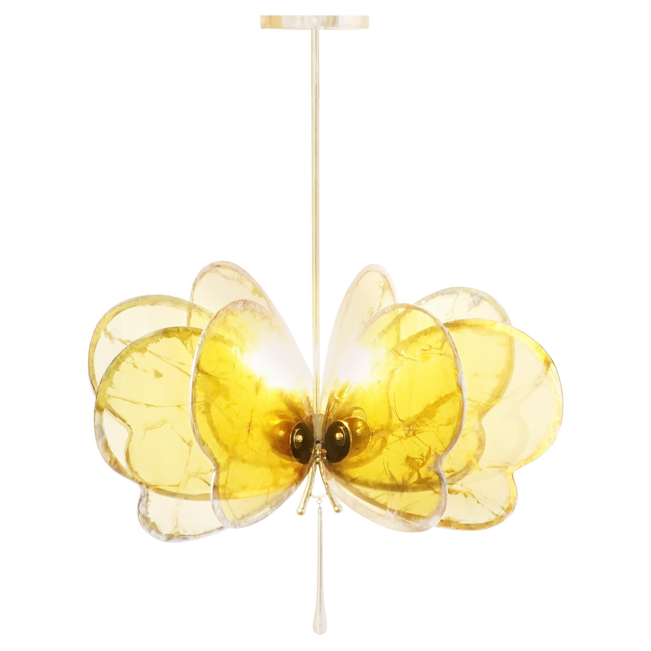 Butterfly flush mount, pendant lamp, art Silvered Glass Sun, melted Brass Body
