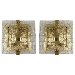Contemporary Pair of Sconces Brass and Murano Glass Textured Blade, Italy