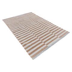Handmade Cotton Area Flat Weave Rug, 6.5x10 Tan And White Striped Indian Dhurrie