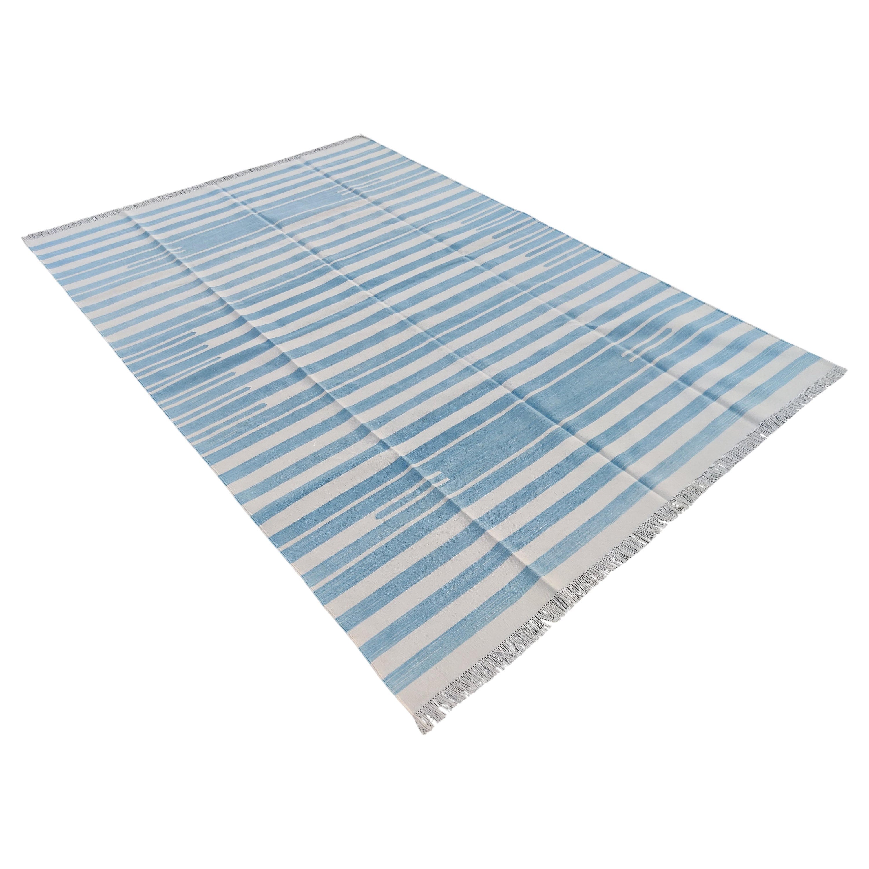 Handmade Cotton Area Flat Weave Rug, 5x8 Sky Blue, White Striped Indian Dhurrie