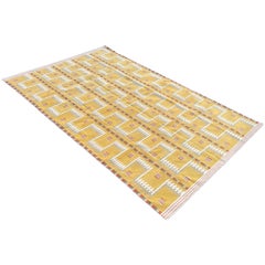 Handgefertigter Flachgewebe-Teppich aus Baumwolle, 6x9 Senf und Beige Geometrischer indischer Dhurrie
