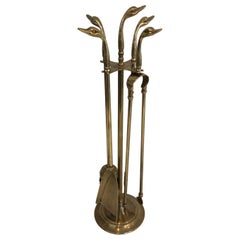 Vintage Neoclassical Fireplace Tools in Brass with Duck Heads, French, circa 1960