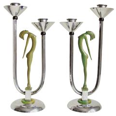 Pair of English Art Deco Chrome, Painted Metal and Bakelite Twin Candleholders