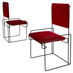 Italian modern burgundy red velvet and black metal tubolar chairs, 1980s