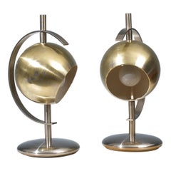 Vintage Pair of Orbital Italian Table Lamps, 1970s Brass and Steel