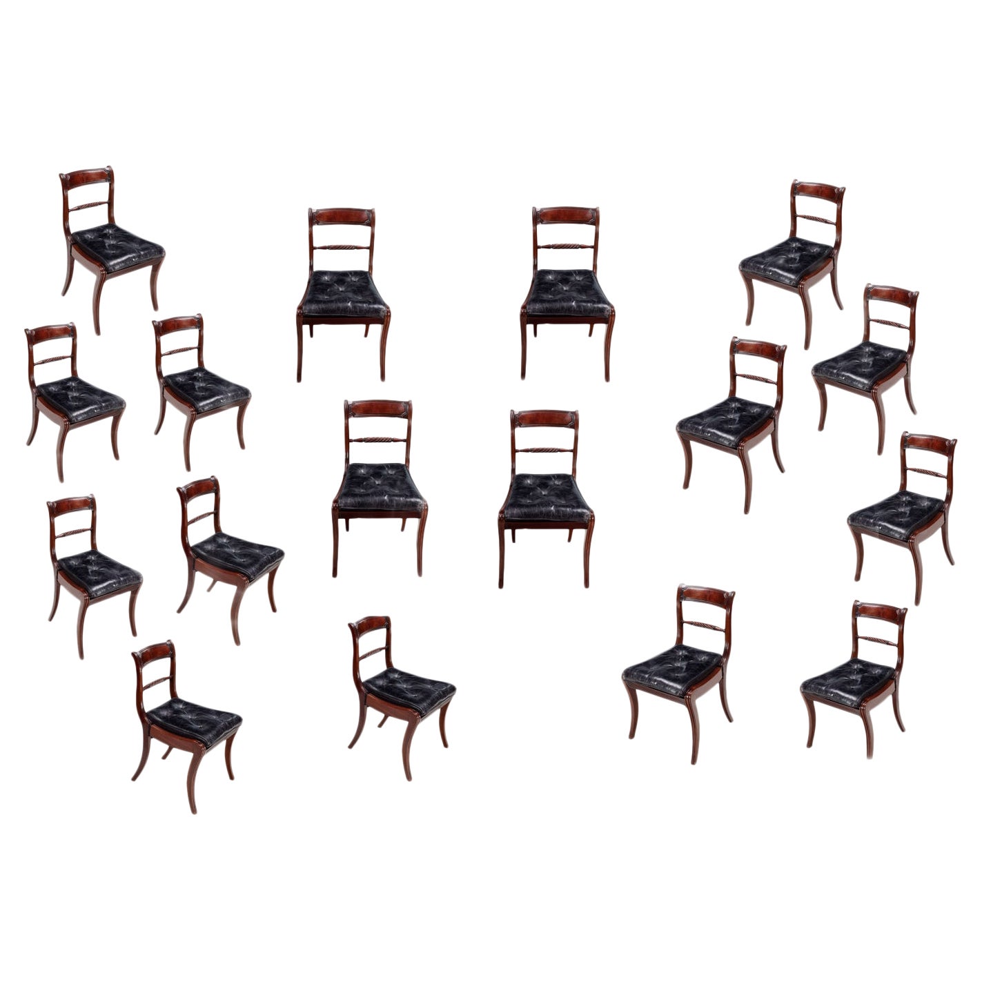 19th Century Set 18 Regency Mahogany Sabre Leg Dining Chairs