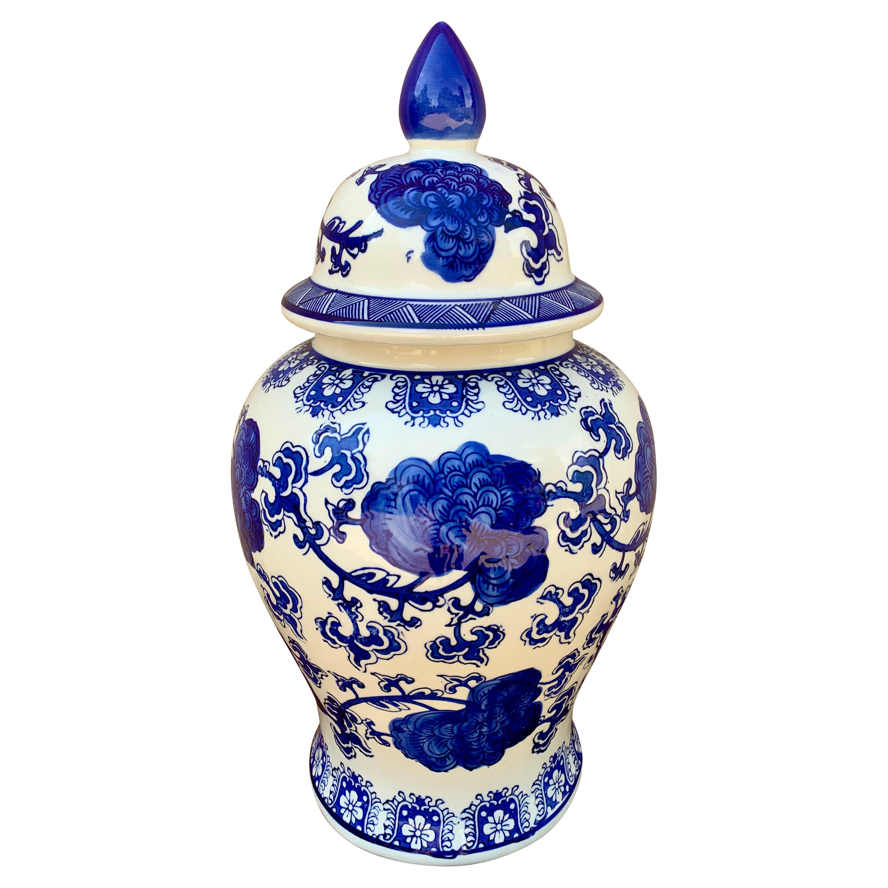 Blaues und weißes Chinoiserie- Ingwerglas aus Porzellan