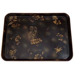 Black Papier Mâché Tray Decorated with Willow Trees and Flowers