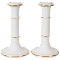 Pair of White Porcelain Candlesticks with Rings of Gold