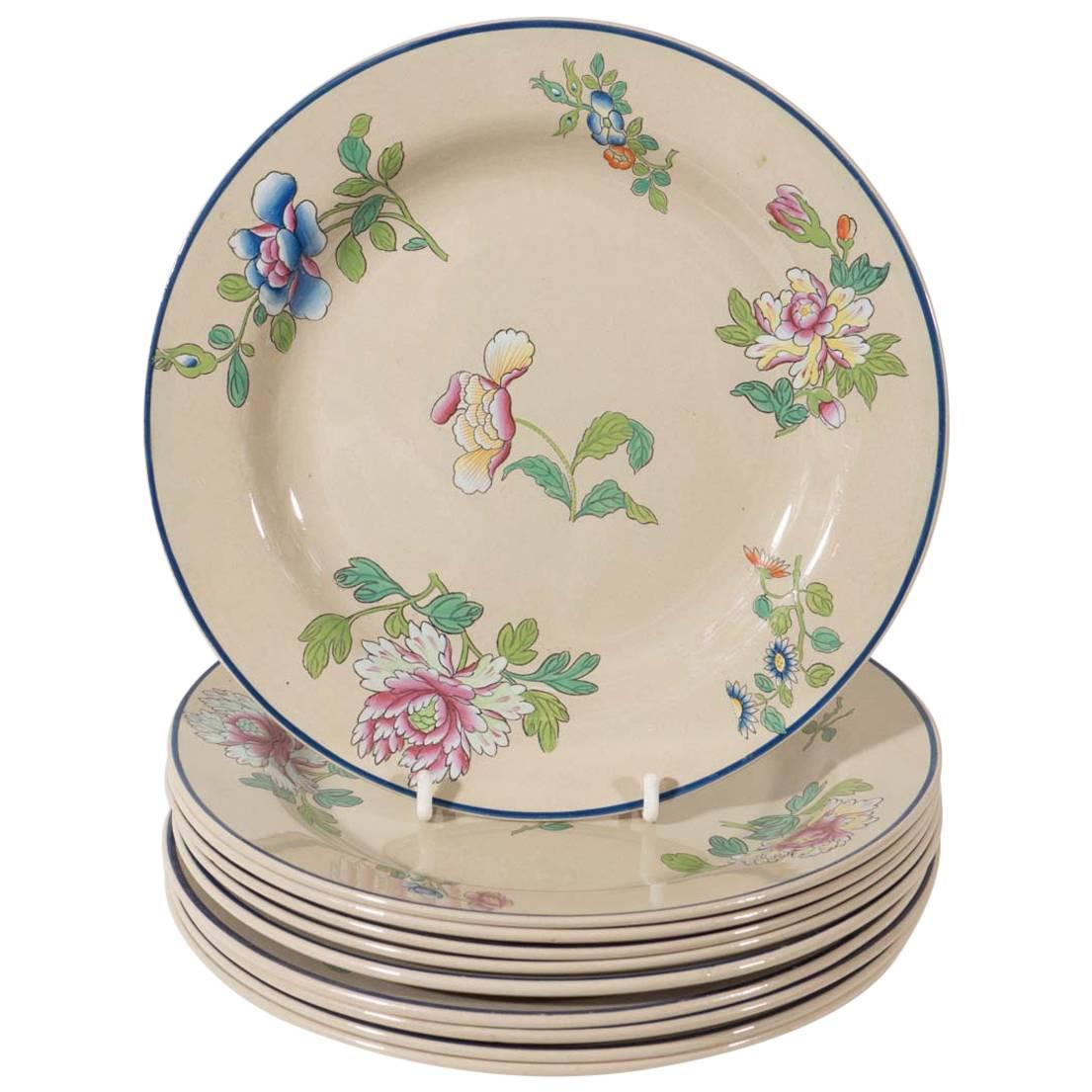Set of Ten Wedgwood Drabware Dishes Painted with Enamel Flowers
