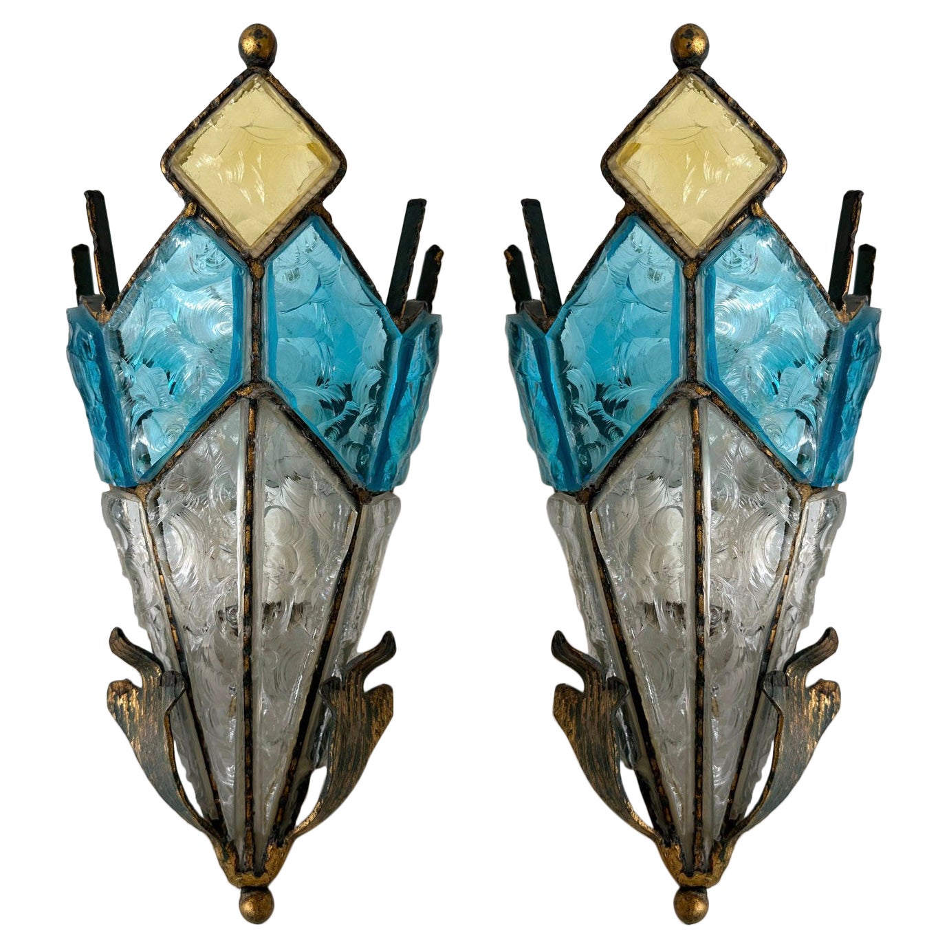 Pair of Hammered Glass Wrought Iron Sconces by Longobard, Italy, 1970s