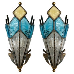 Retro Pair of Hammered Glass Wrought Iron Sconces by Longobard, Italy, 1970s