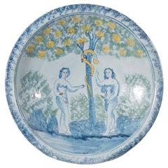 English Delft 18th Century Temptation Scene Charger Showing Adam and Eve 