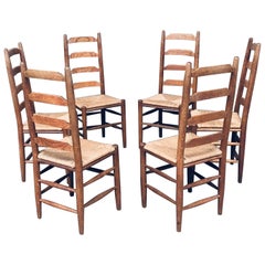 Vintage Rustic Design Ladder Back Oak & Rush Dining Chairs, Belgium 1960's