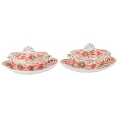 Pair Antique Spode Tureens Painted in Orange Pink and Green