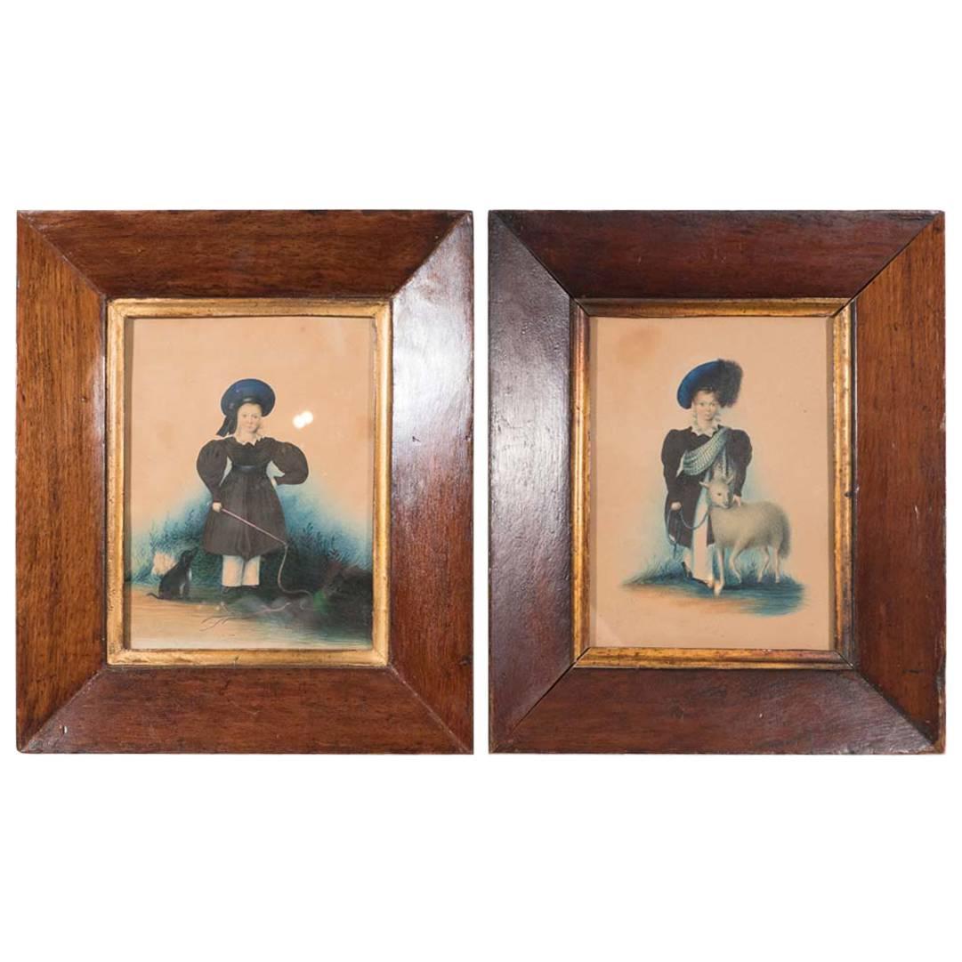 Pair Scottish Watercolor Portraits Signed & Dated 1834 Two Shepherd Boys