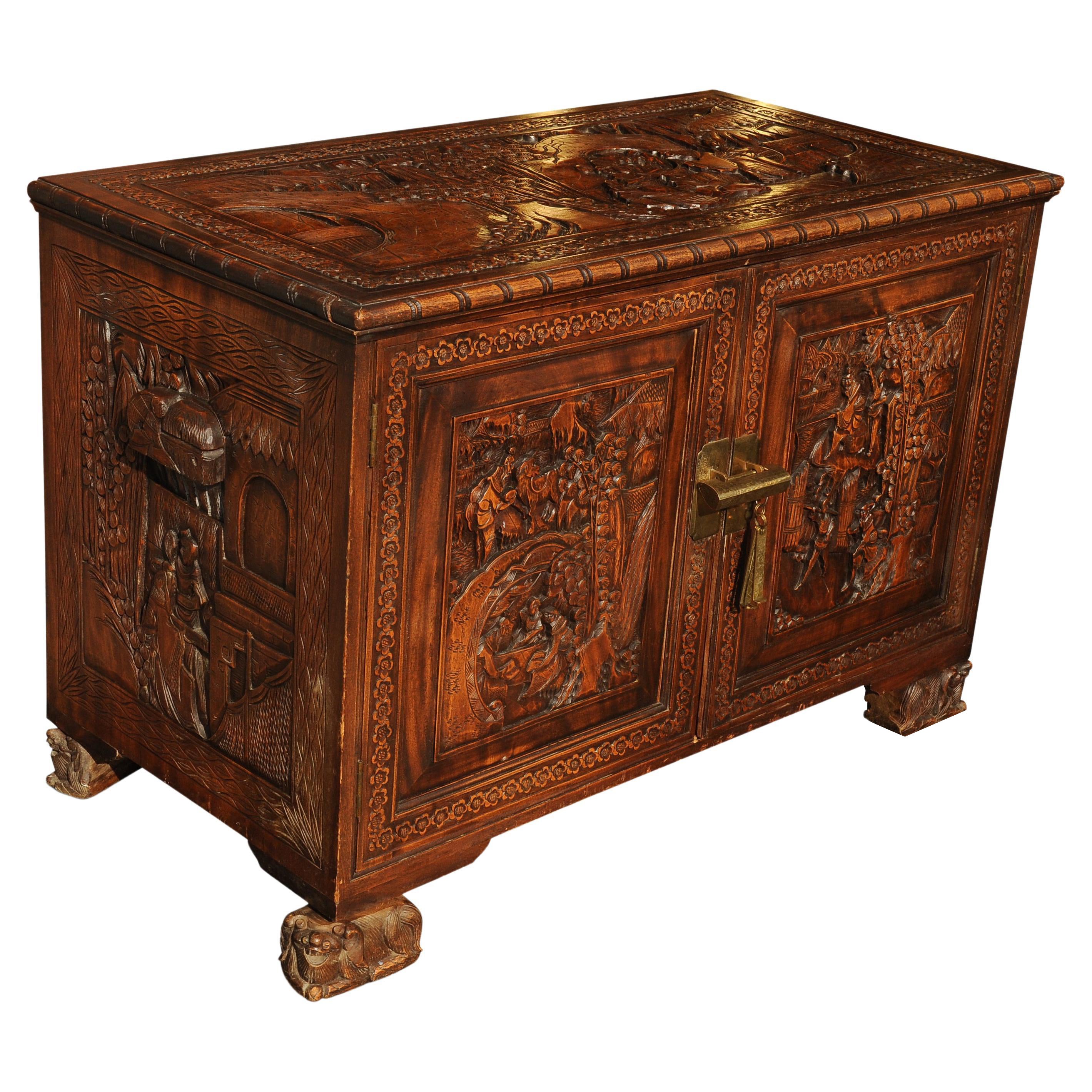 Exquisite Chinese Export Carved Two Door Five Campaign Drawer Camphor Chest For Sale