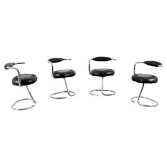 Giotto Stoppino Set of 4 "Cobra" Metal and Black Skai Chairs 1970s Italy