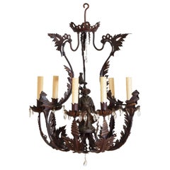 Antique Wrought Iron Chinoiserie Painted & Gilded 6-Light Chandelier, early 20th cen.