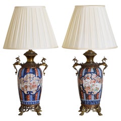 Antique Pair Japanese Imari Porcelain and Brass Table Lamps, 2nd half 19th century
