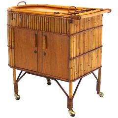 Arts and Crafts Bamboo Bar Liquor Cabinet Serving Cart on Wheels