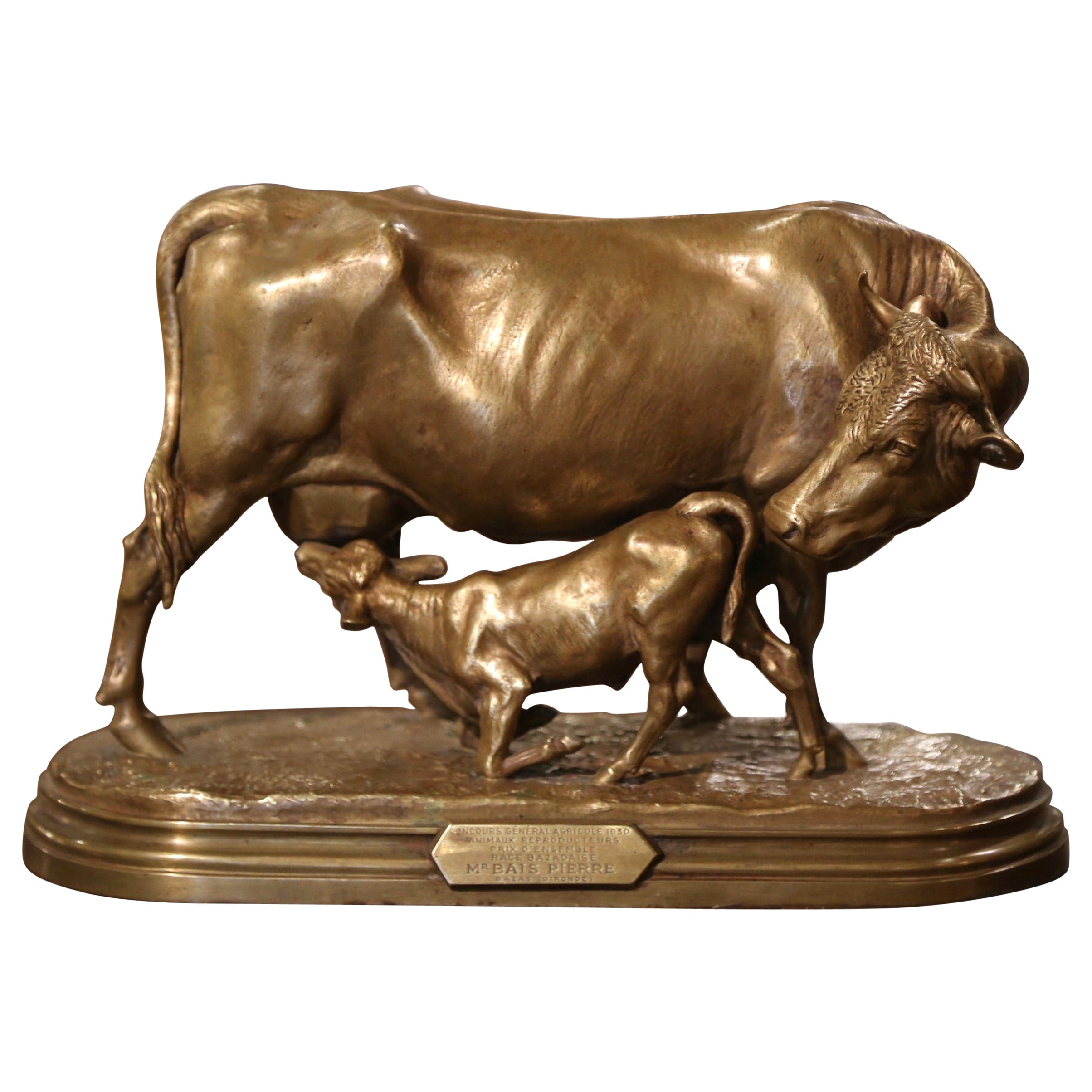 19th Century French Gilt Bronze Cow and Calf Sculpture Signed Isidore Bonheur