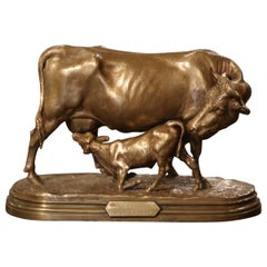 Escultura francesa del siglo XIX en bronce dorado de vaca y ternero firmada Isidore Bonheur