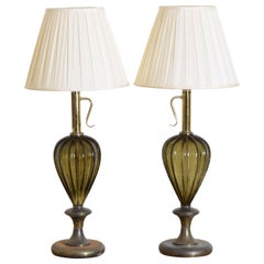 Belgian Pair of Tall Amber Blown Glass Lamps, 1st Half 20th C.