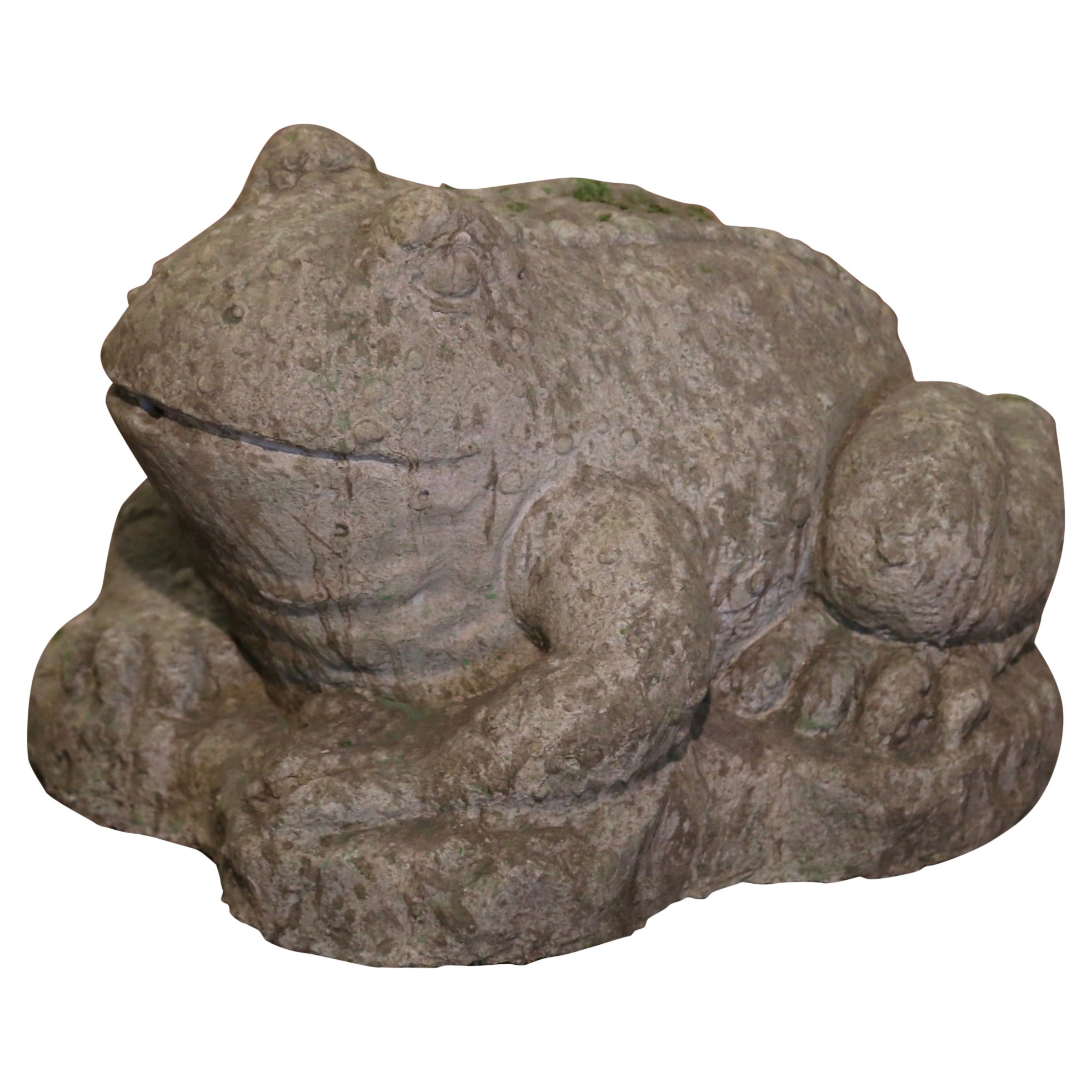 Vintage French Outdoor Weathered Carved Stone Toad Sculpture