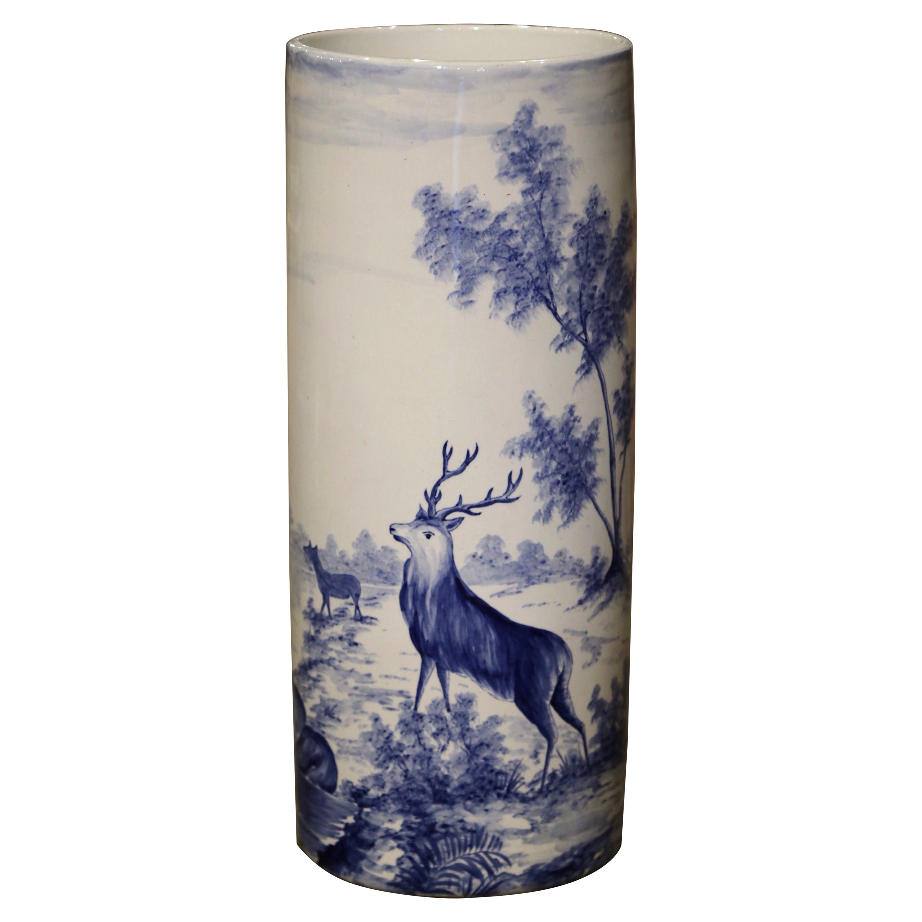 Mid-Century French Blue & White Painted Porcelain Umbrella Stand by Onnaing