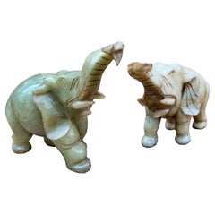 Vintage Asian Carved Jade Style Stone Elephant Figurines - Set of 2